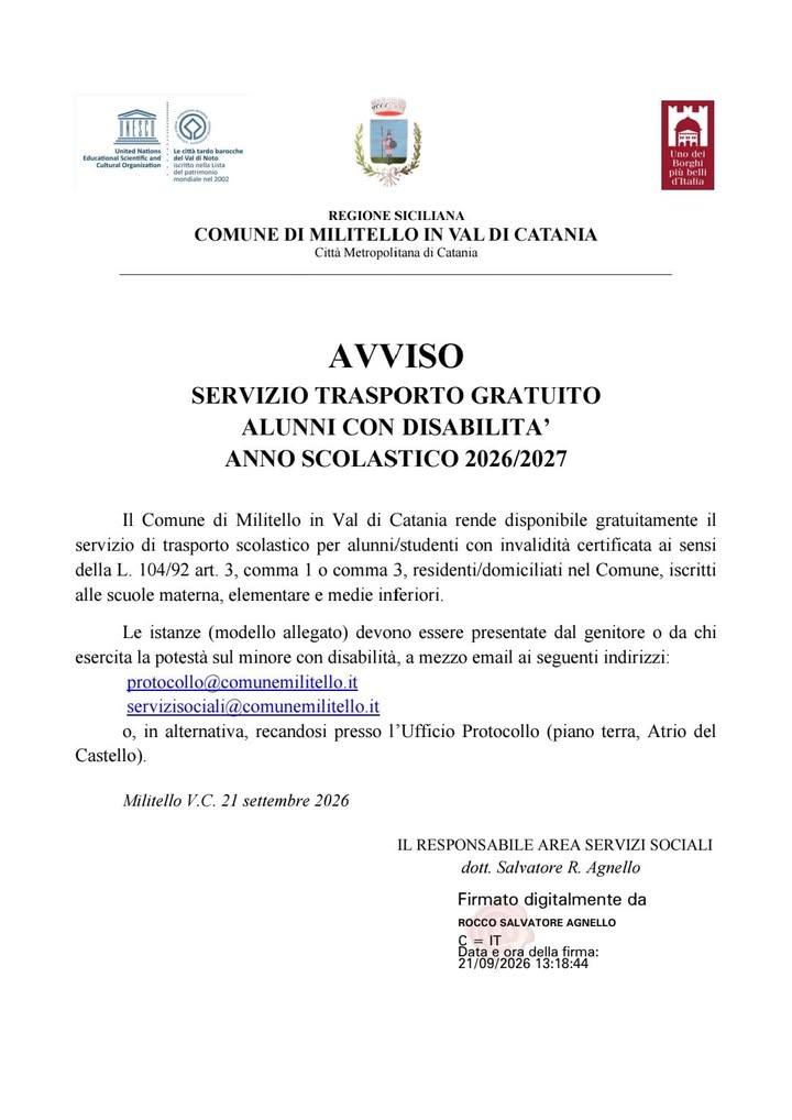 AVVISO SERVIZIO TRASPORTO GRATUITO ALUNNI CON DISABILITA’  ANNO SCOLASTICO 2026/2027 https://www.comune.militello.ct.it/...