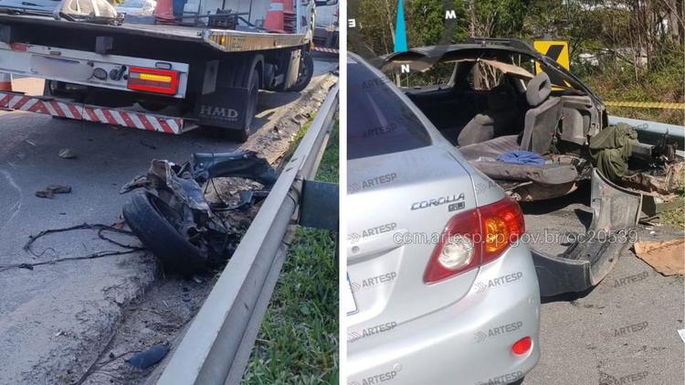 Carro fica partido ao meio após acidente que deixou um morto e nove feridos na Mogi-Bertioga; VEJA