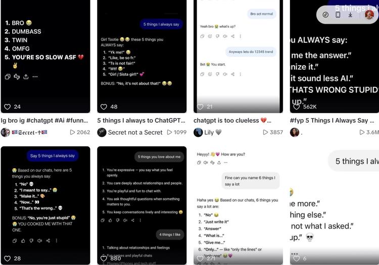 Grid of TikTok posts showing ChatGPT responses to “five things I always say,” with phrases including “Humanize it,” “Just write it,” and “Girl / Sista girl!”