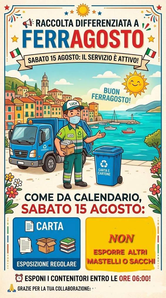 📌AVVISO RACCOLTA DIFFERENZIATA FERRAGOSTO  📃Anche il 15 agosto il servizio di raccolta sarà attivo come da calendario,...