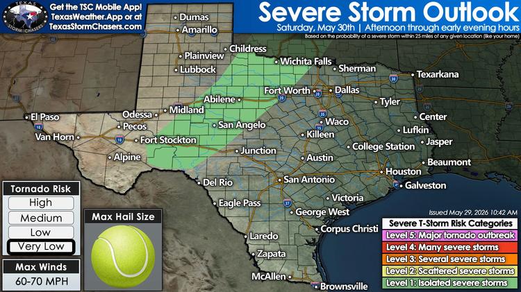 Severe storm outlook for Texas on Saturday, May 30, showing isolated severe storm risk from West Texas into parts of Northwest Texas.