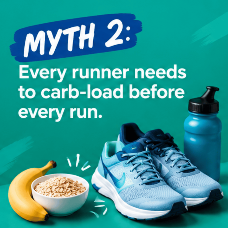 A pair of blue running shoes, a banana, a bowl of oats, and a blue water bottle sit beside text stating, “MYTH 2: Every runner needs to carb-load before every run.”—a common nutrition misconception for distance runners. Austin Marathon Half Marathon & 5K