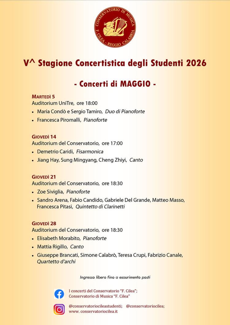 5.a Stagione concertistica degli studenti: i concerti di Maggio 2026