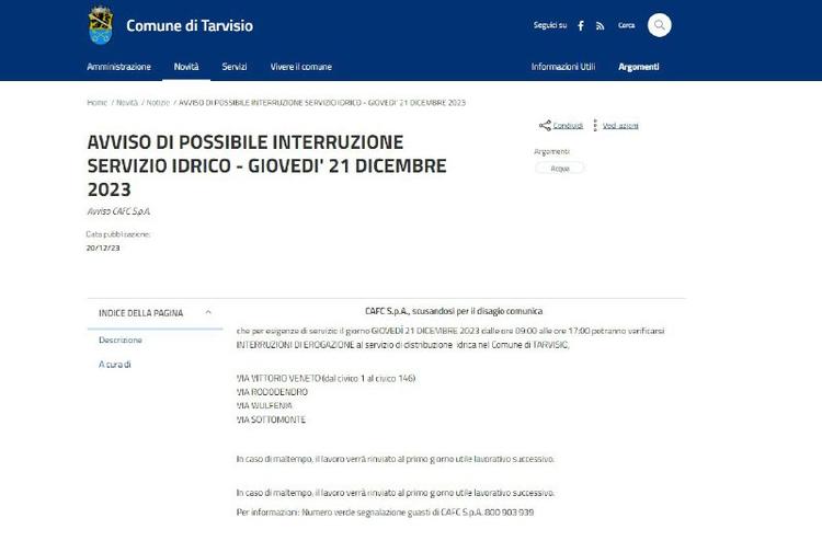 Avviso di possibile interruzione Servizio Idrico per giovedì 21 dicembre