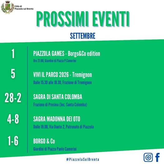 🗓️ Gli eventi di questa prima settimana di Settembre a📍Piazzola sul Brenta! #viviilparco2026 #sagra #santacolomba  #ma...