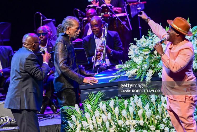 Artists including David Rudder pay tribute to the Mighty Sparrow during his funeral at an amphitheater in Port of Spain on October 16, 2026.