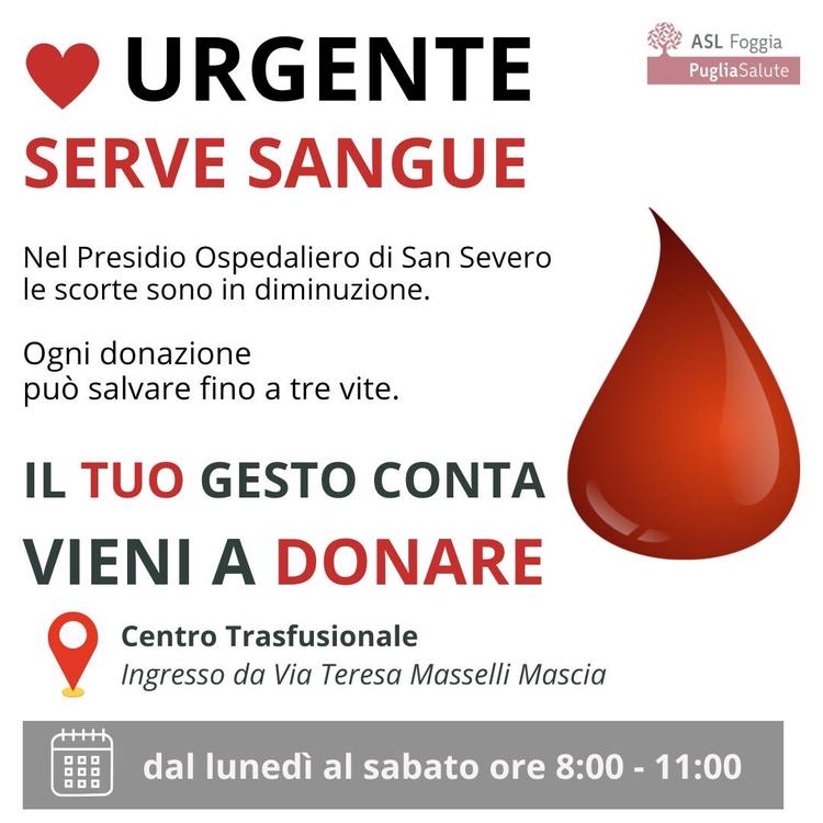 San Severo, emergenza sangue: l’Asl invita alla donazione