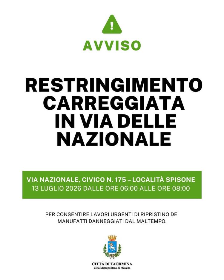Lavori in Via Nazionale (Spisone): restringimento carreggiata il 13 luglio Per consentire lavori urgenti di ripristino d...