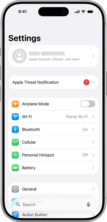 An iPhone device settings menu. Below the user's account information is a new menu labeled 