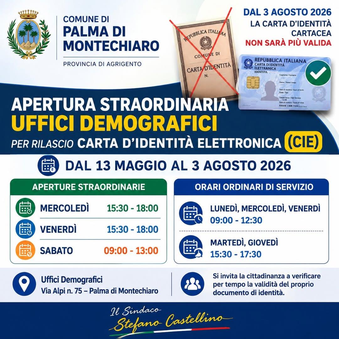 APERTURA STRAORDINARIA UFFICI DEMOGRAFICI: Rilascio Carta d’Identità Elettronica (CIE) Il Sindaco Stefano Castellino inf...