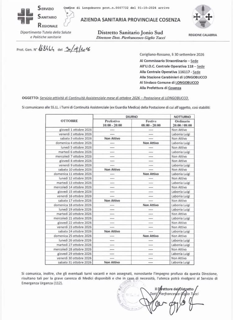 Turni di guardia medica del mese di Ottobre 2026.