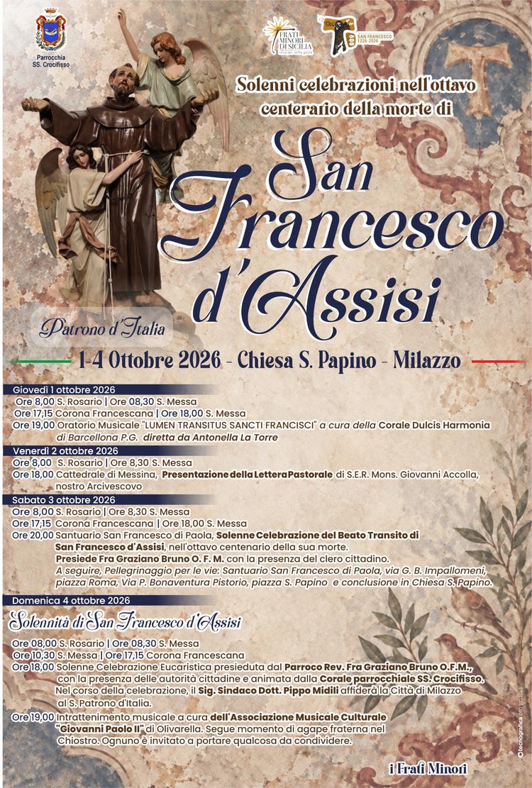 800 anni della morte di San Francesco d'Assisi, quattro giorni di fede, musica e fraternità a San Papino