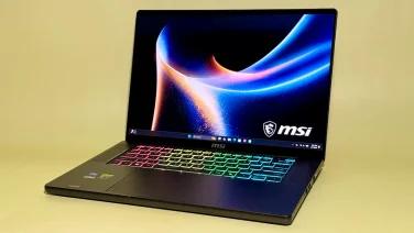 the msi stealth 16 ai+ against a gold background