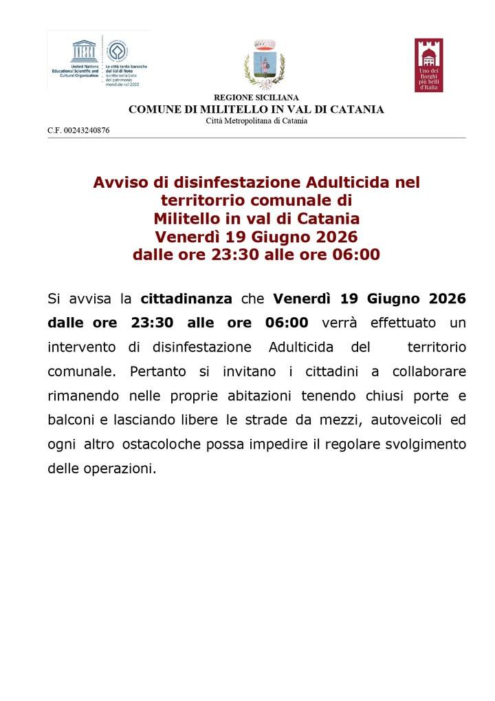 Avviso di disinfestazione Adulticida nel territorio comunale di Militello in val di Catania Venerdì 19 Giugno 2026 dalle...