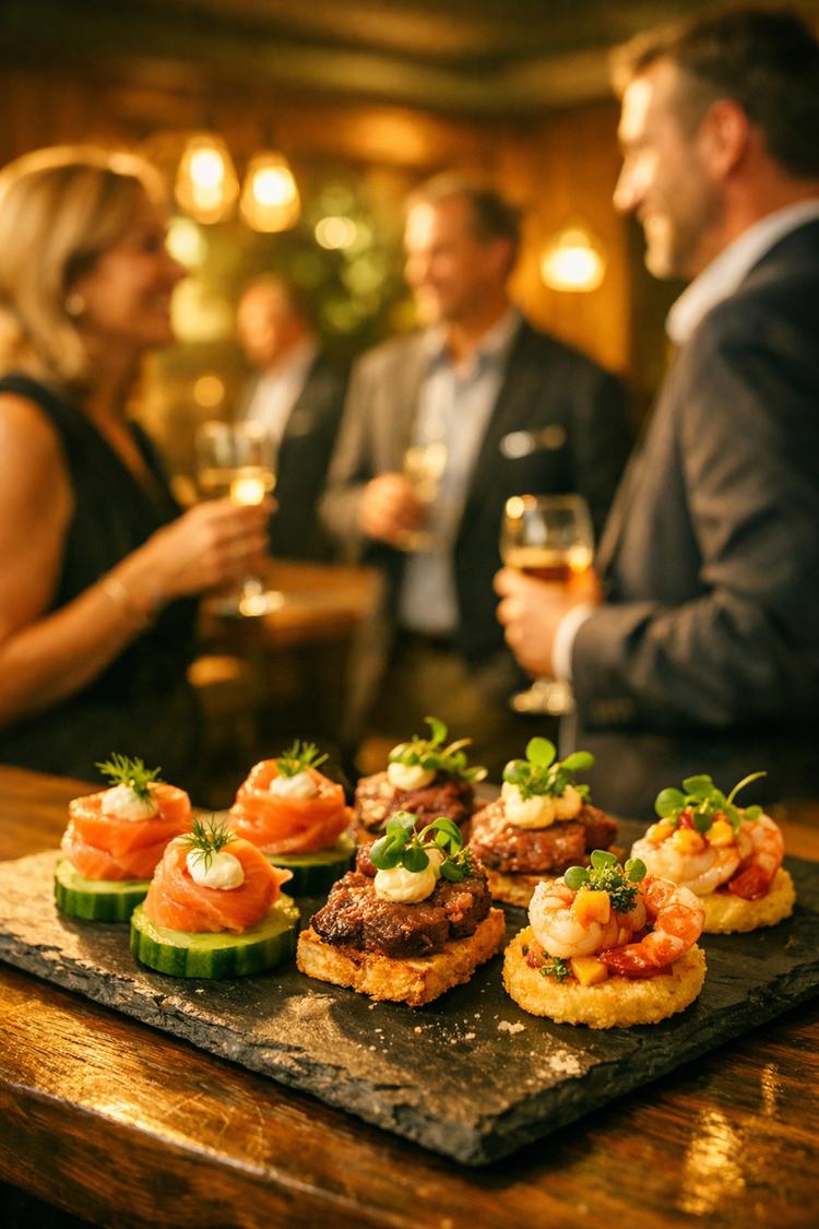 Gourmet appetizers served at a professional mixer party to facilitate casual networking and connection.