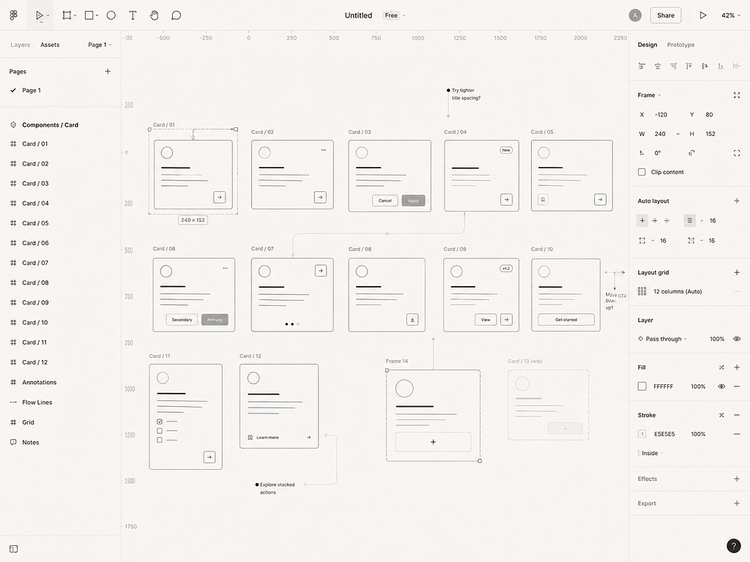A minimalist Figma-like canvas showing duplicated card UI components with small variations, annotations, and wireframe panels in a clean monochrome style.