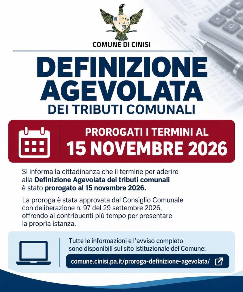 📢 DEFINIZIONE AGEVOLATA – PROROGATI I TERMINI AL 15 NOVEMBRE 2026 Si informa la cittadinanza che il termine per aderire...