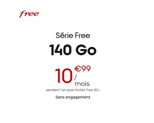 🔖 Free mobile, forfait 5G illimité/140Go à 11€/mois (1 an)
