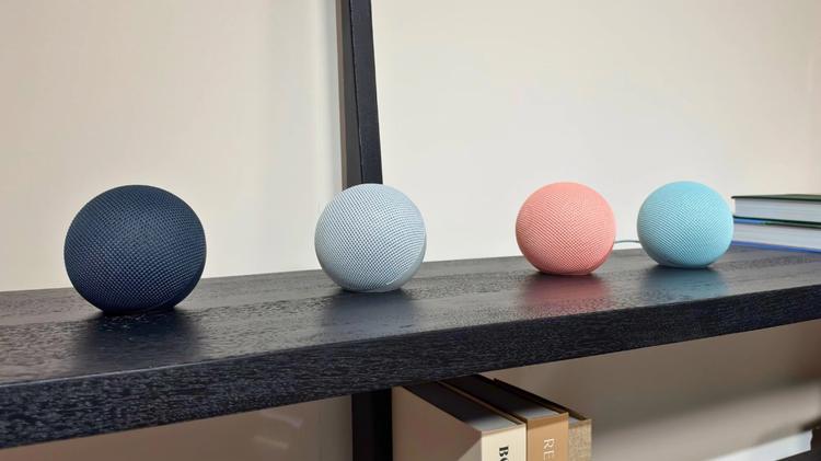 new Echo Dots lined up on a shelf