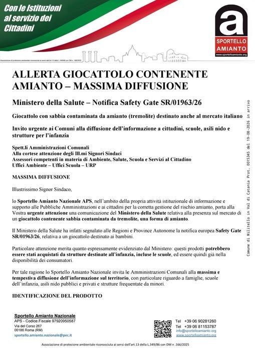 ALLERTA GIOCATTOLO CONTENENTE  AMIANTO