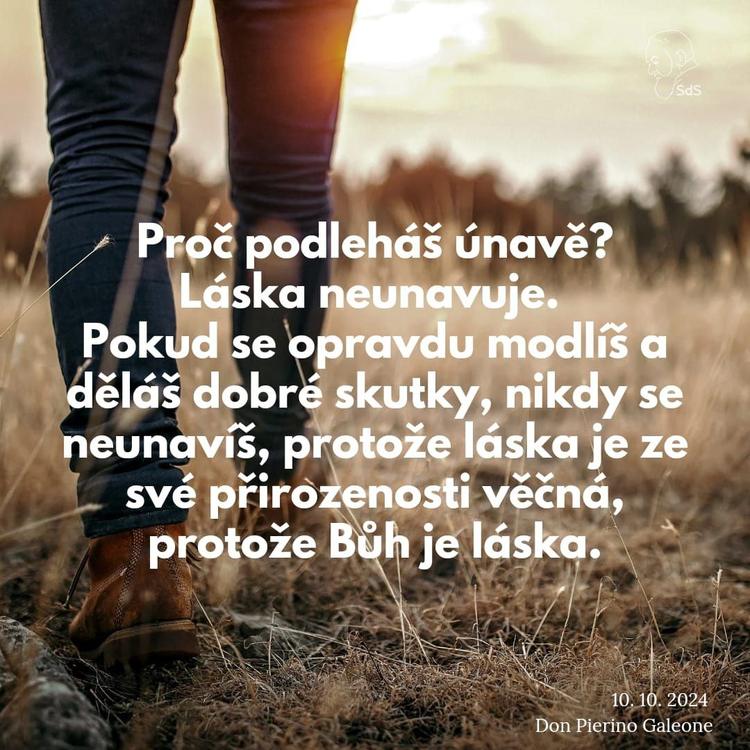 10.10.2024
Proč podleháš únavě?
Láska neunavuje. 
Pokud se opravdu modlíš a děláš dobré skutky, nikdy se neunavíš, protože láska je ze své přirozenosti věčná, protože Bůh je láska.

Don Pierino Galeone