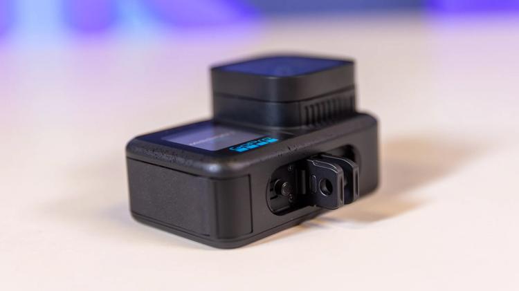 gopro mission 1 pro turned on side with magnetic latch visible