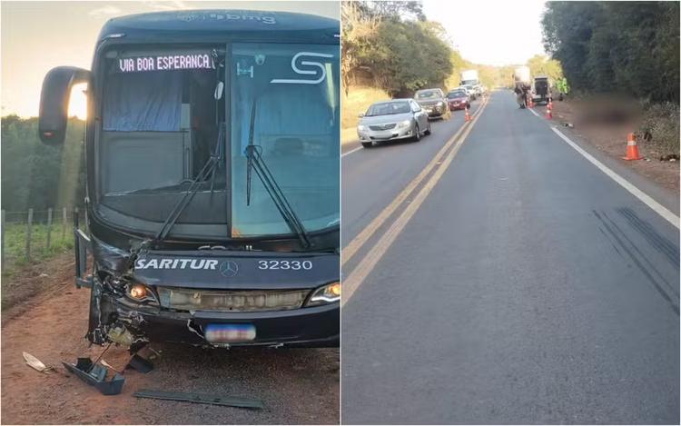 onibus saritur atropela2 Incêndio destrói ônibus horas após acidente que matou homem e cavalo na BR-265, em Nepomuceno-MG