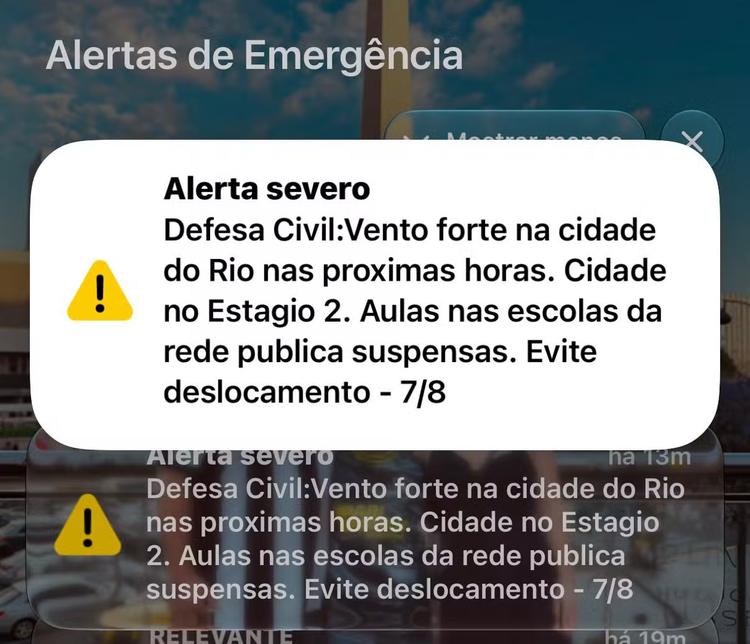Defesa Civil emite alerta de vento forte no Rio nas próximas horas; aulas nas escolas da rede pública estão suspensas