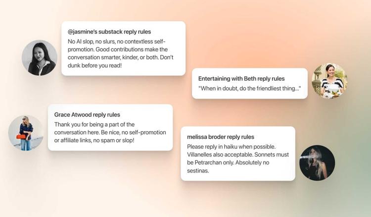 Some examples of Substack Reply Rules, including 