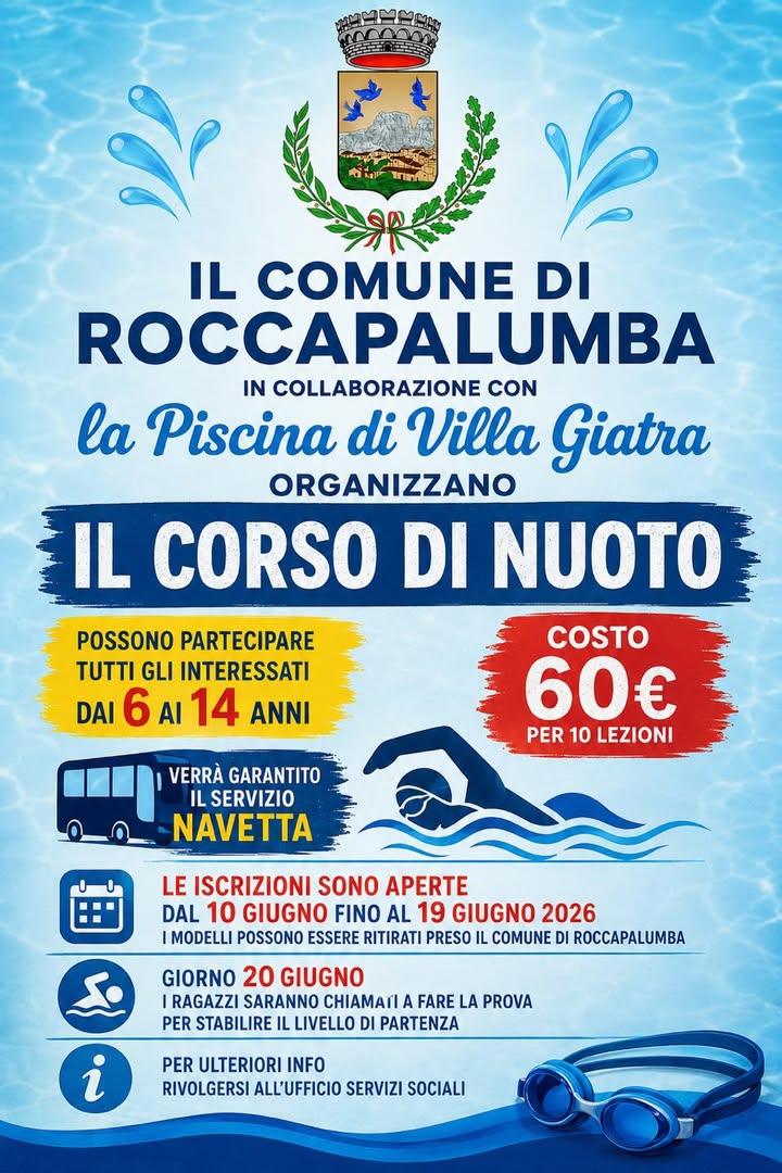 🏊‍♂️🌊 AL VIA IL CORSO DI NUOTO 2026! 🌊🏊‍♀️ Il Comune di Roccapalumba, in collaborazione con la Piscina di Villa Giat...