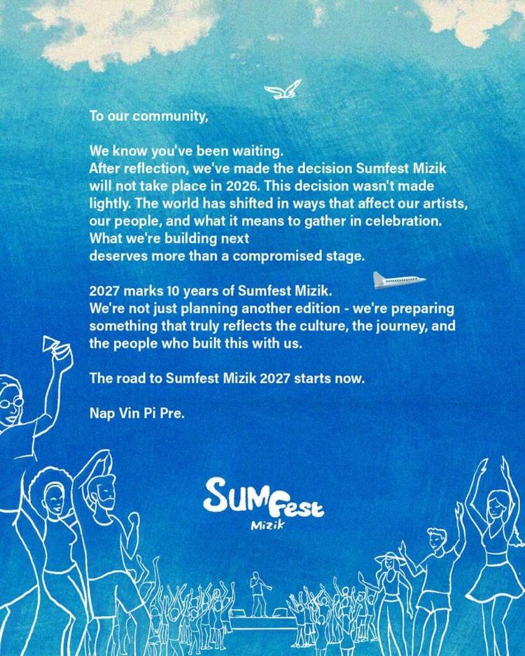 Lettre officielle de Sumfest Mizik annonçant l'annulation de l'édition 2026