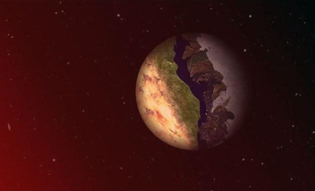 Künstlerische Darstellung eines an seinen Stern rotationsgebundenen Planeten mit einer dauerhaften Tag- und Nachtseite. Die Tag-Nacht-Grenze zwischen den Hälften bezeichnet man als „Terminator“.Copyright: Ana Lobo / UCI