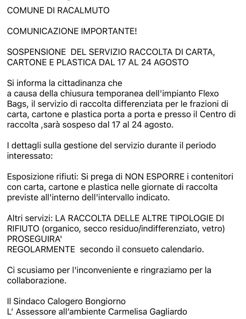 SOSPENSIONE SERVIZIO RACCOLTA CARTA, CARTONE E PLASTICA DAL 17 al 24 AGOSTO