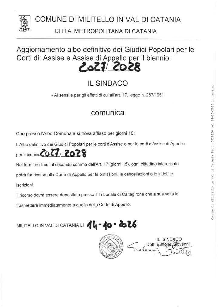 Aggiornamento Albo definitivo dei giudici Popolari per le Corti di:  Assise e Assise di appello per il biennio 2027/2028...