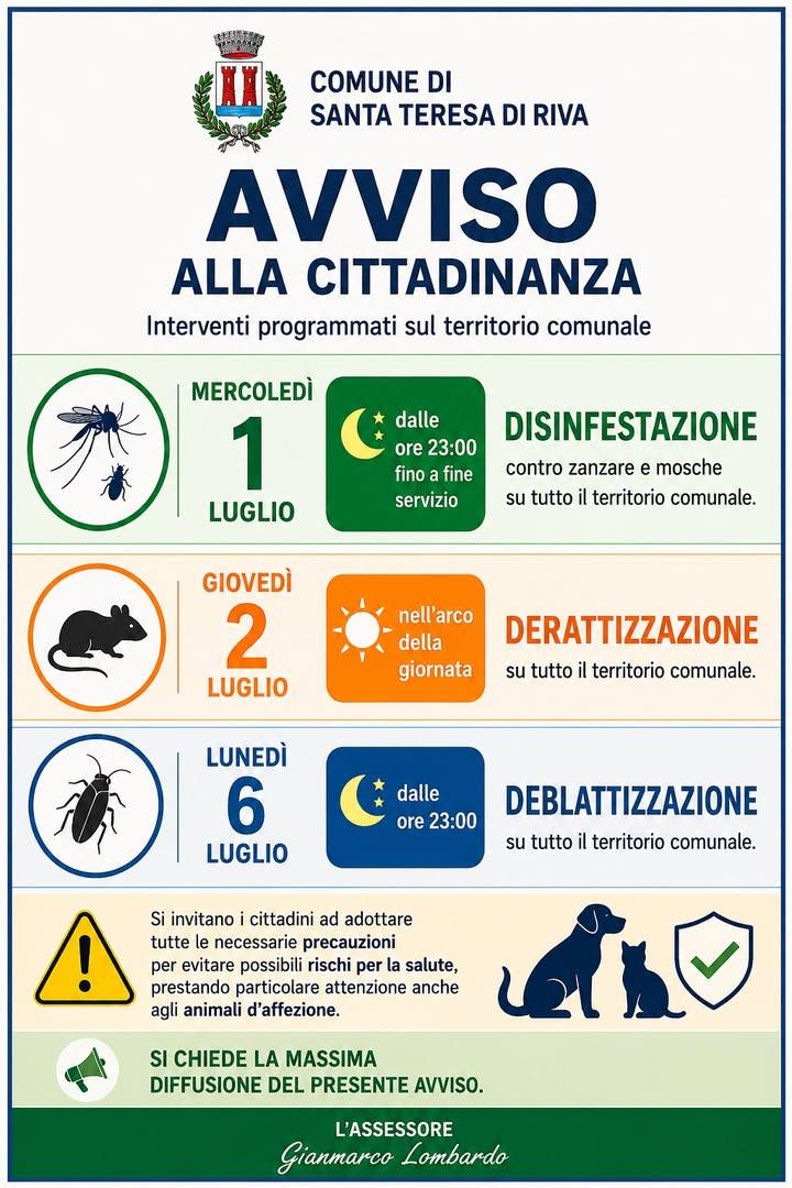 AVVISO ALLA CITTADINANZA Si informa la cittadinanza che sono stati programmati i seguenti interventi sul territorio comu...