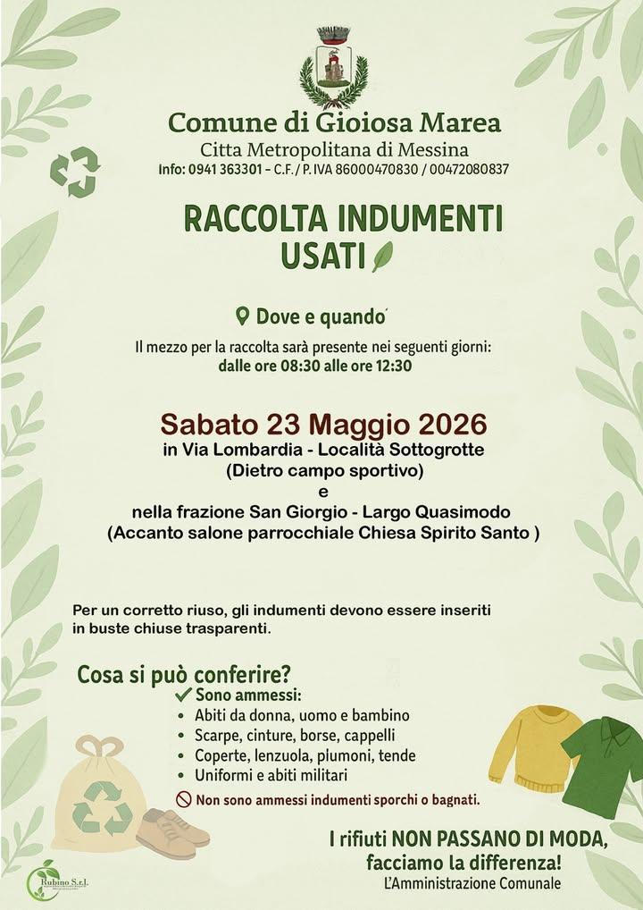 📢 Raccolta indumenti usati – Sabato 23 maggio 2026 Il Comune di Gioiosa Marea organizza una giornata di raccolta di ind...