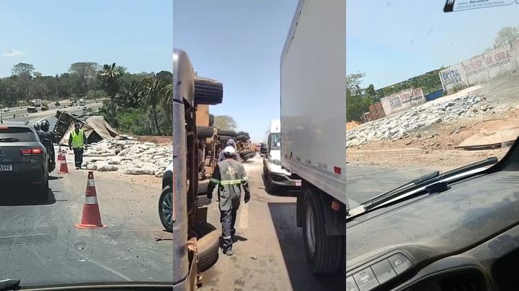 Caminhão tomba e espalha carga de arroz na BR-343, na Zona Sudeste de Teresina