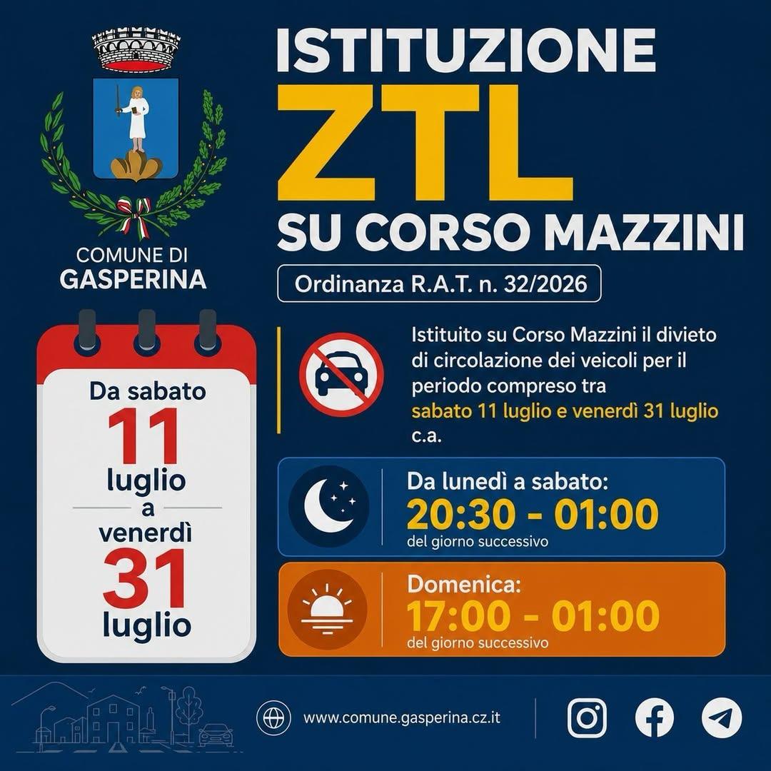 #ComuneGasperina  🔴ZTL CORSO MAZZINI 🔷Disposta la ZTL su corso Mazzini dall'11 al 31 luglio.