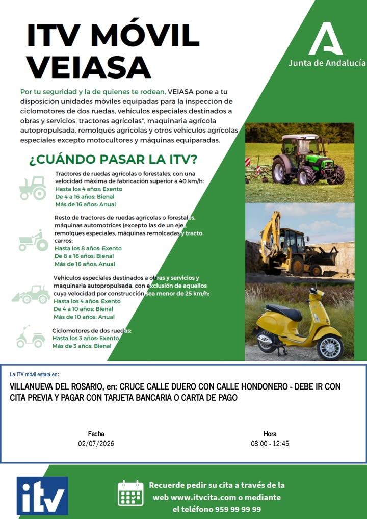 🚜ITV Agrícola y ciclomotores 🔜El próximo jueves 2 de julio, en horario de 08:00 a 12:45, en el cruce de C/ Duero con C...
