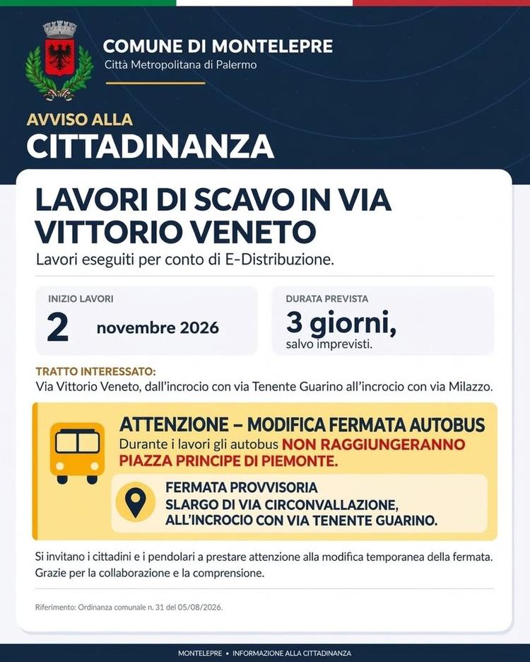 ❗️❗️AVVISO ALLA CITTADINANZA❗️❗️ Lavori di scavo in Via Vittorio Veneto e modifica temporanea fermata autobus .  Si avvi...