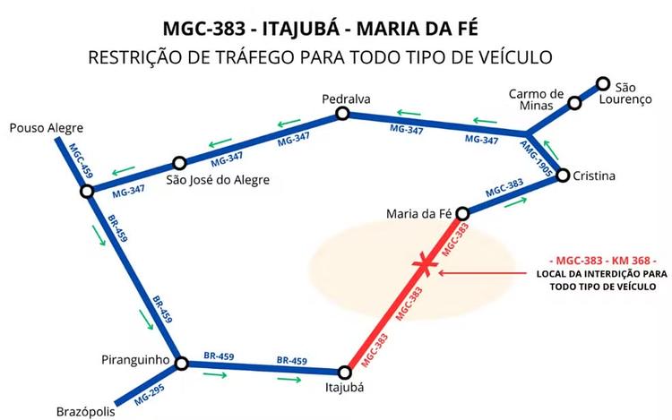 interdita mgc 383 der Obra de contenção provoca interdição total da rodovia entre Itajubá e Maria da Fé