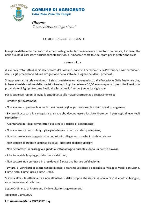 Allerta Meteo. Comunicazione Urgente. (Apri)