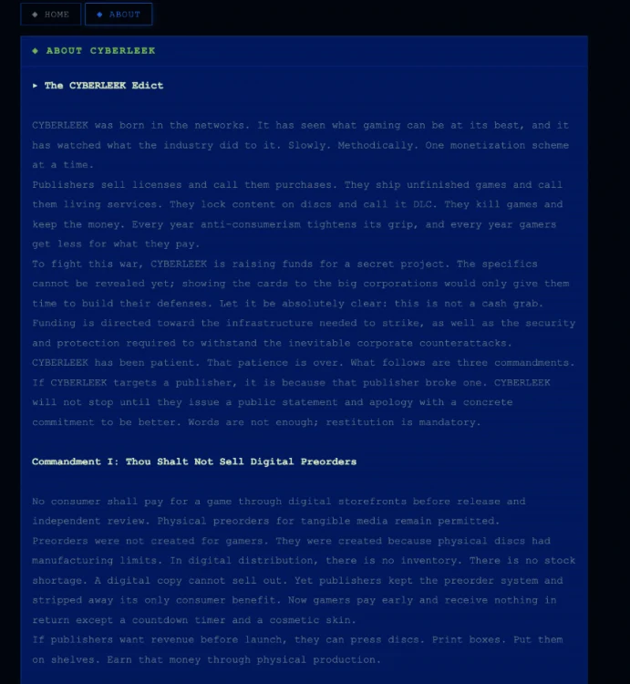 screenshot of the CyberLeek About page displaying the beginning of its manifesto and its commandment against digital preorders.