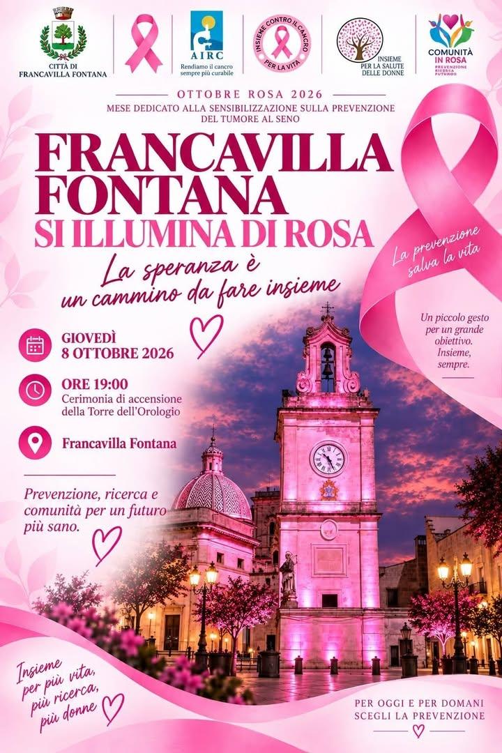 Francavilla Fontana si illumina di rosa. Giovedì 8 ottobre, alle ore 19, si terrà la cerimonia di accensione della Torre...