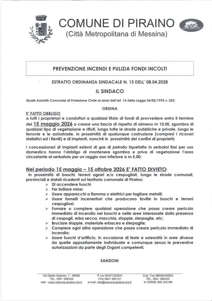 📌 PREVENZIONE INCENDI Si ricorda alla cittadinanza che, come previsto dall’Ordinanza Sindacale n. 13 dell’08/04/2026, d...
