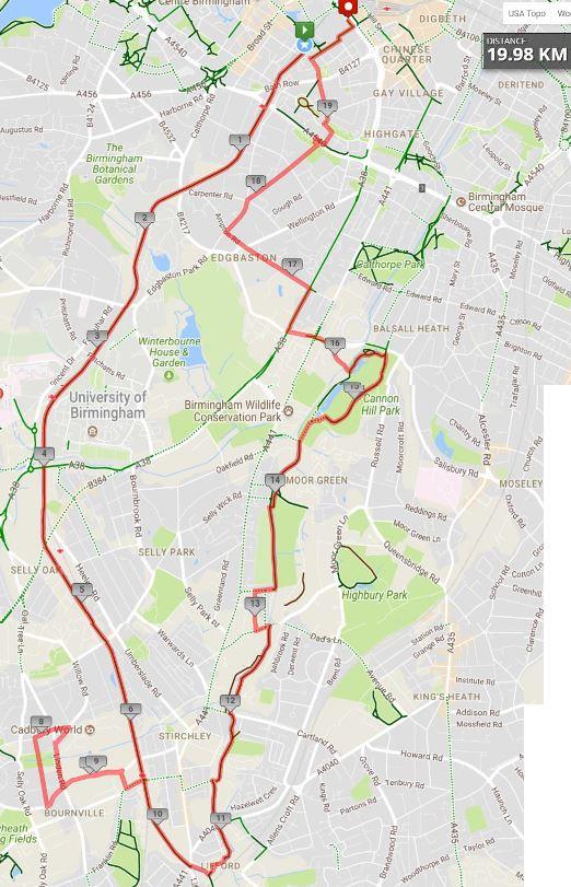 Route overview of the Bournville and Rea Valley Cycle Route