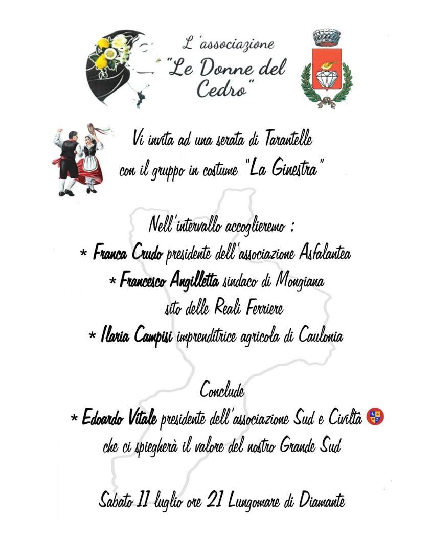 Sabato 11 luglio, alle ore 21:00, sul Lungomare di Diamante, appuntamento con le tarantelle del gruppo in costume “La Gi...