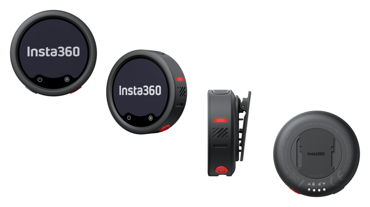 Renders of the Insta360 Mic Pro from the front, angled, side, and back.