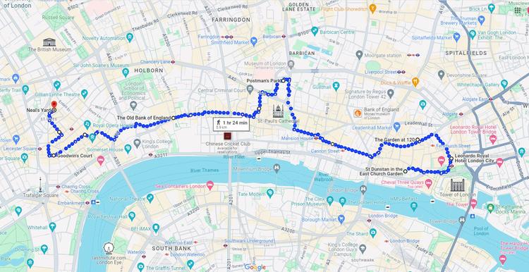 Route overview of the 6km Hidden Gems of London City Walk