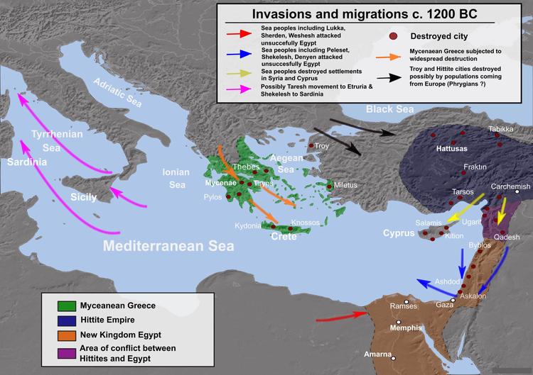 Invasions, destruction and possible population movements during the collapse of the Bronze Age, c. 1200 BC